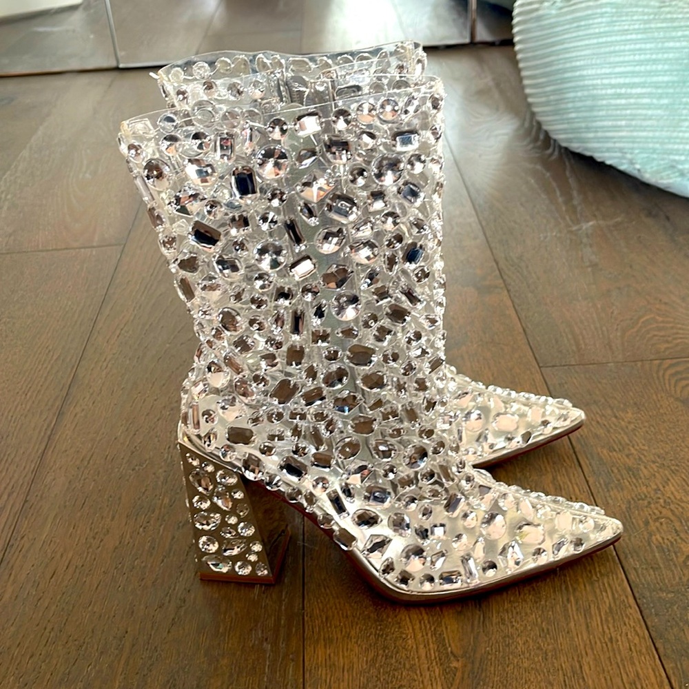 Azalea Wang agave silver diamond bootie 7 Gaga rhinestone gem jewels rock star
